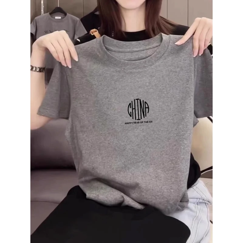 正肩纯棉短袖t恤女夏季薄款2025年时尚百搭减龄灰色上衣打底衫潮