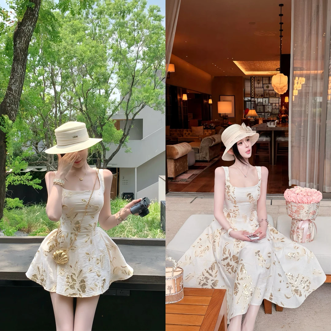 天鹅er 【浮雕美学】夏季气质显瘦法式连衣裙E25Q2426+E25Q2461