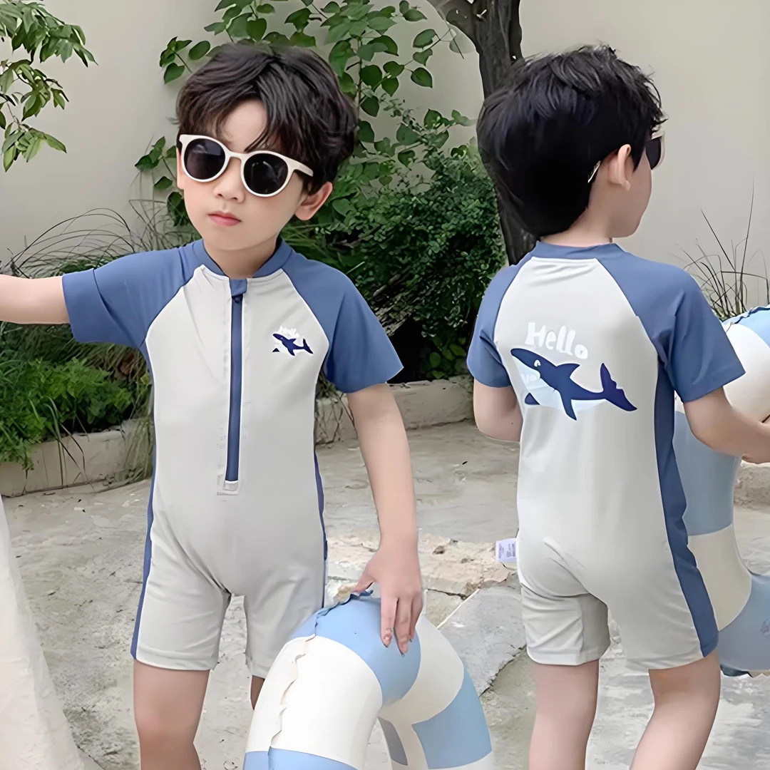儿童连体短袖泳衣男童夏季可爱鲨鱼防晒速干泳装宝宝男孩运动洋气
