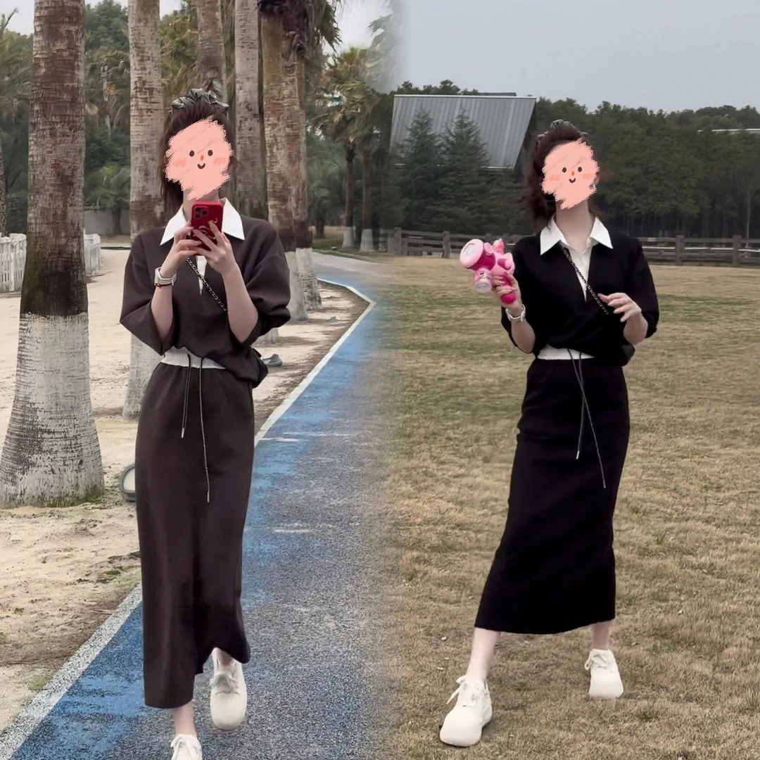 2025春款韩版时尚拼色翻领简约卫衣领高腰半身裙休闲学院风套装女