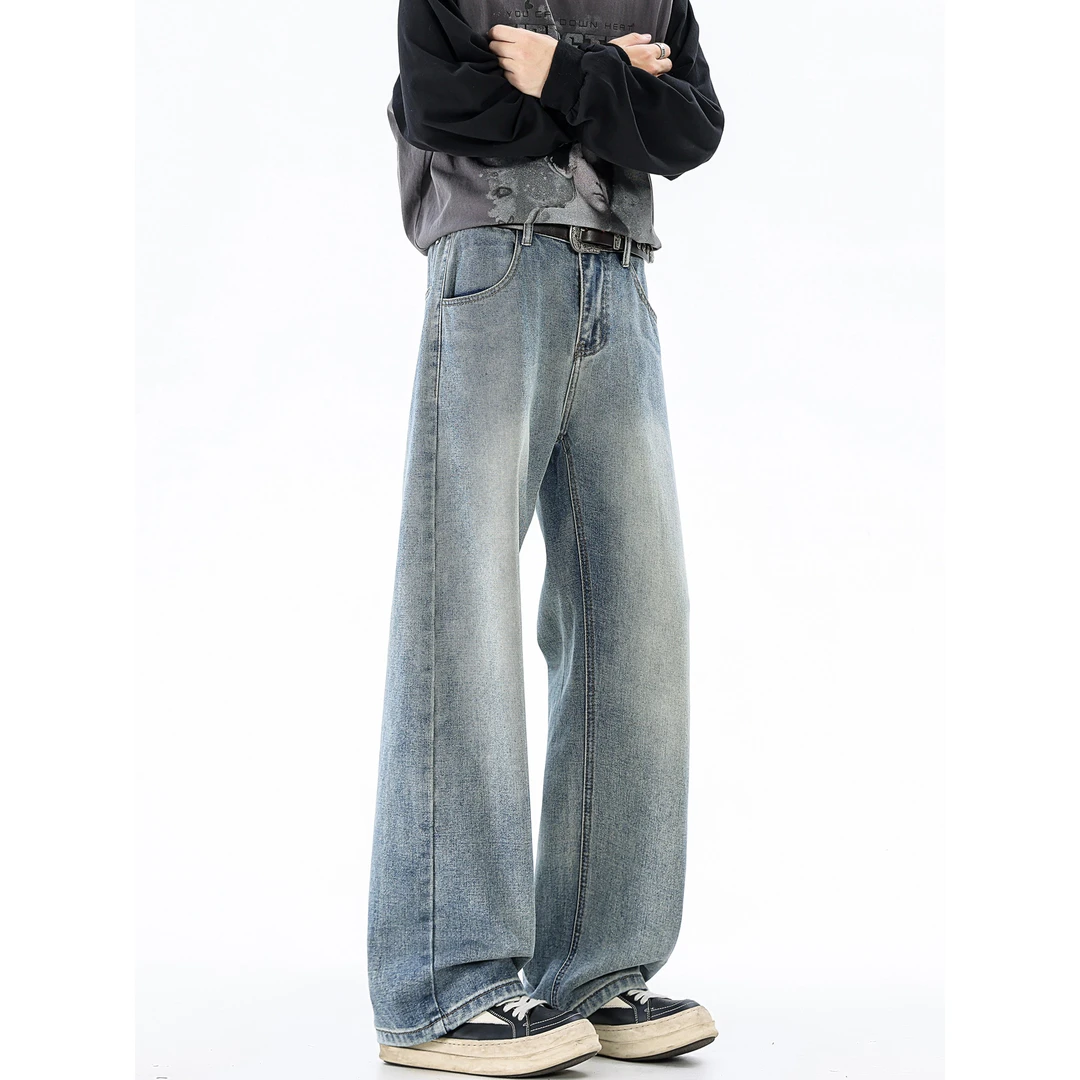 猎璞浅蓝牛仔裤男士新款宽松高街直筒休闲裤子男春秋美式阔腿长裤