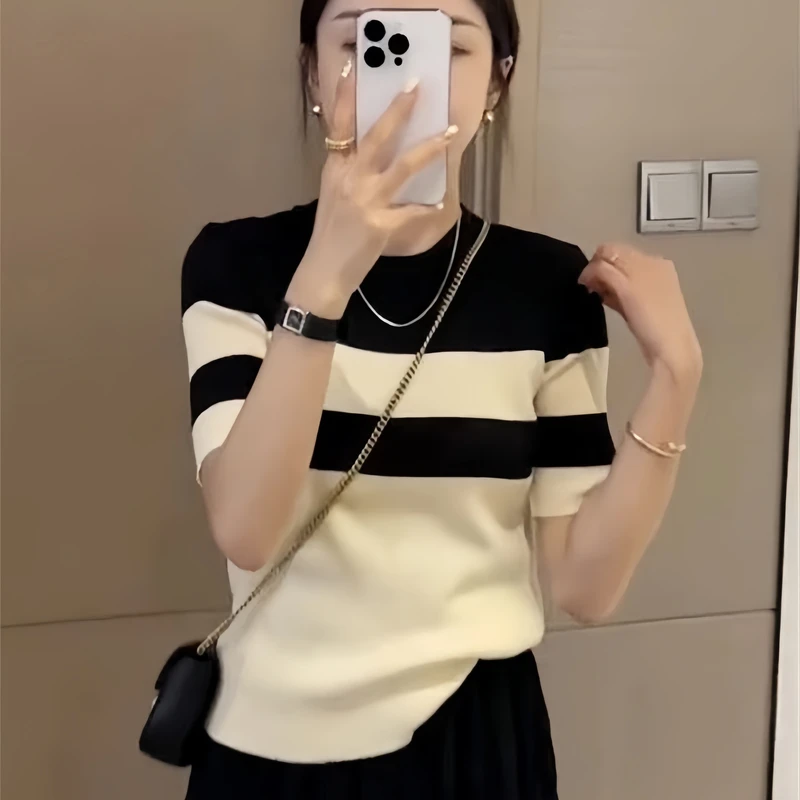 2025春夏季新款女装洋气条纹短袖T恤针织衫半袖修身显瘦打底上衣