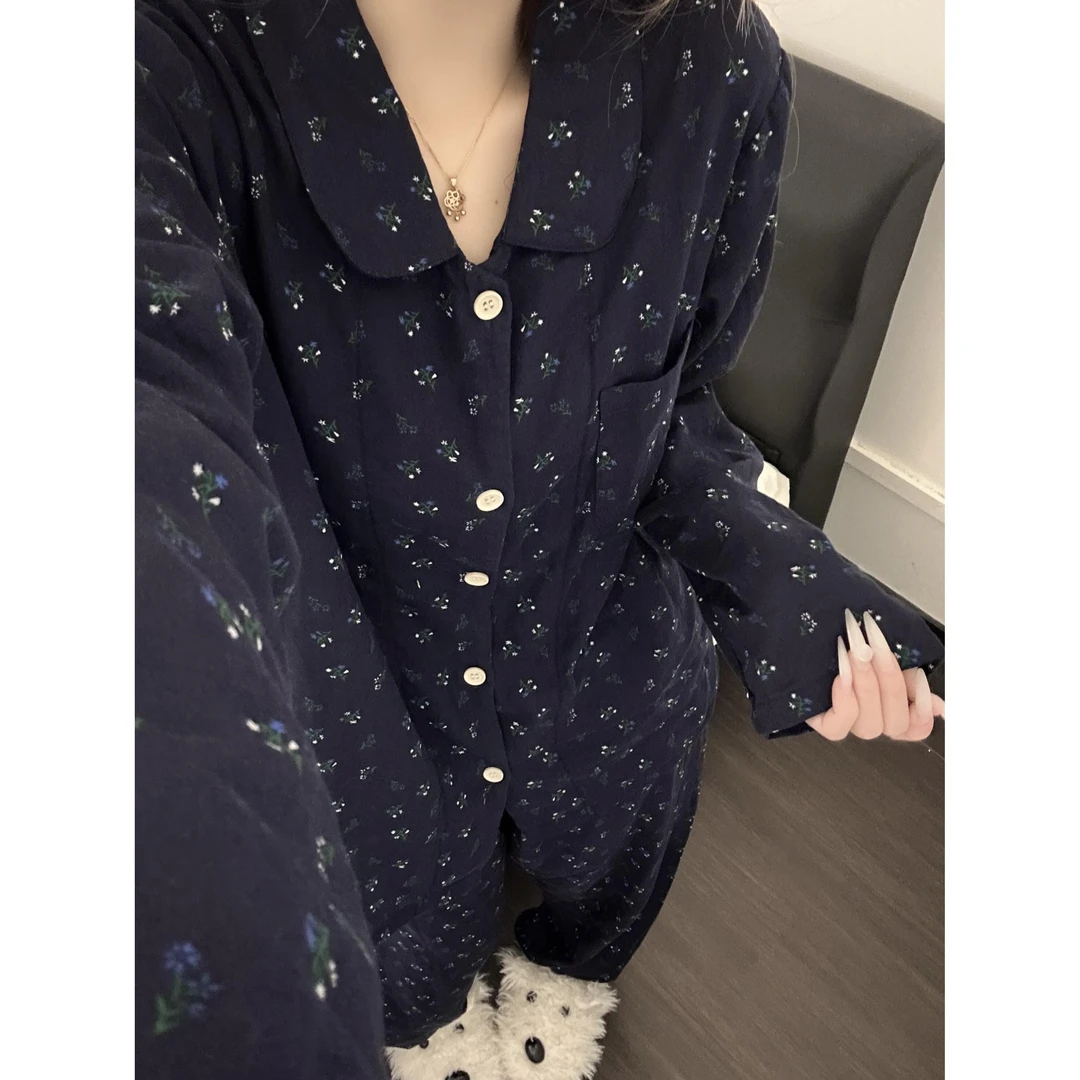 藏青色甜美碎花睡衣女春秋新款休闲舒适长袖长裤家居服套装可外穿