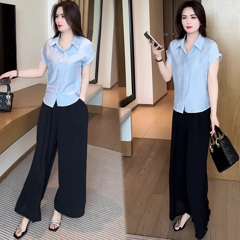 短袖衬衫女2025夏季新款洋气翻领减龄显瘦宽松蓝色百搭冰丝上衣潮