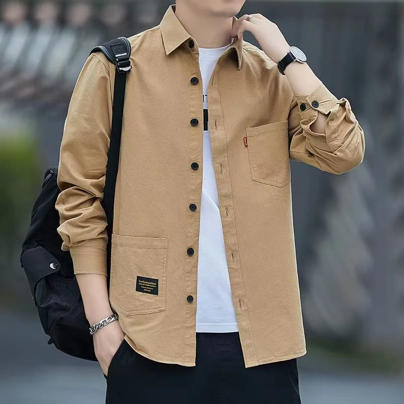 高档纯色春秋爆款男士长袖衬衫商务休闲百搭帅气衬衣宽松上衣外穿