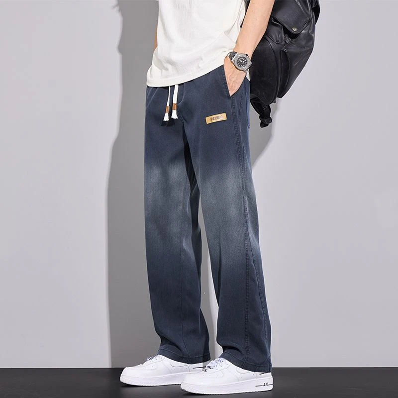 罗蒙天丝渐变休闲裤男士潮牌冰丝夏季薄款透气宽松直筒阔腿百搭裤