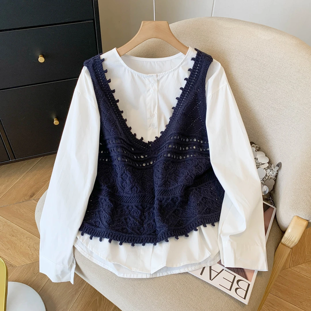 2025早秋新款韩版宽松上衣百搭显瘦针织马甲背心衬衫洋气两件套