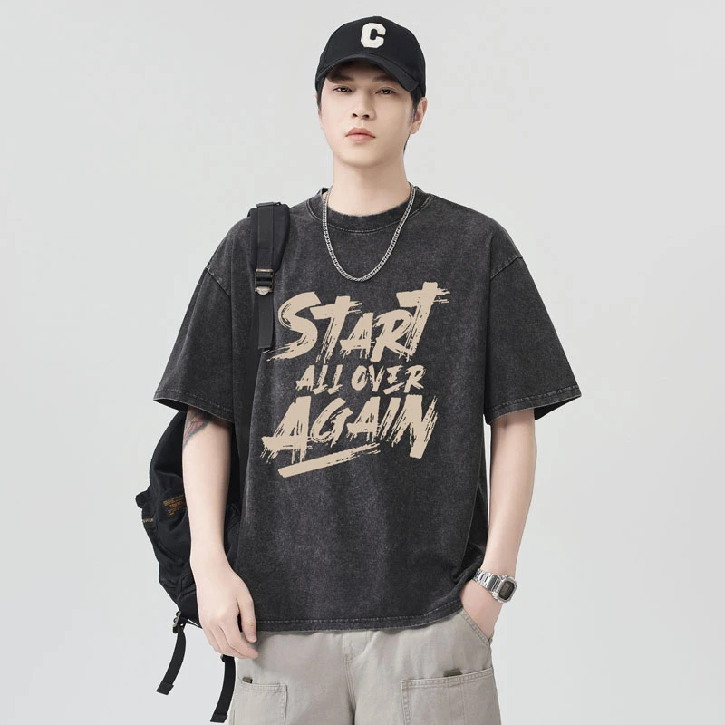 香港潮流230克重磅洗水炒雪花宽松纯棉T恤夏季短袖百搭圆领港风