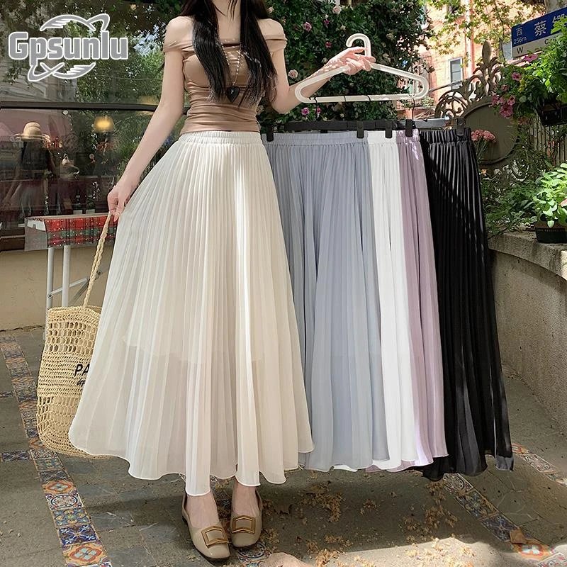 gpsunlu法式百褶半身裙女夏季松紧高腰显瘦遮胯垂感大摆伞裙长裙