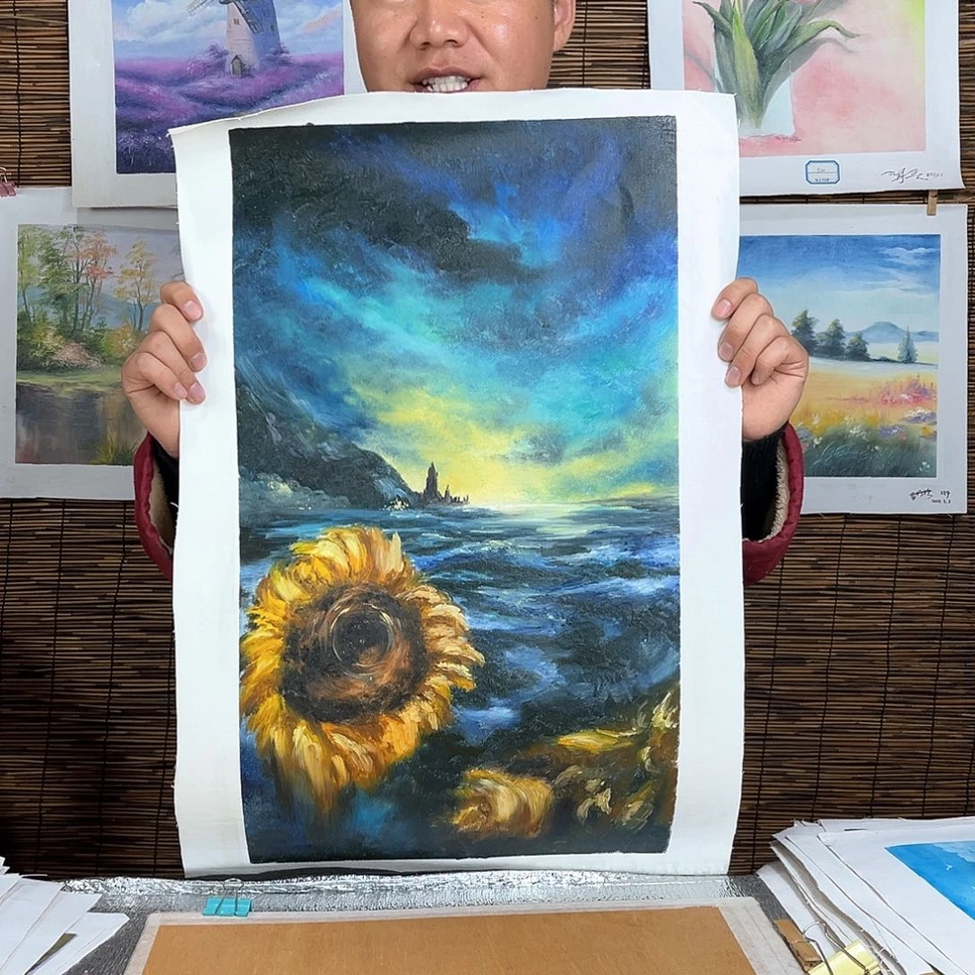 油画行路人小院绘画