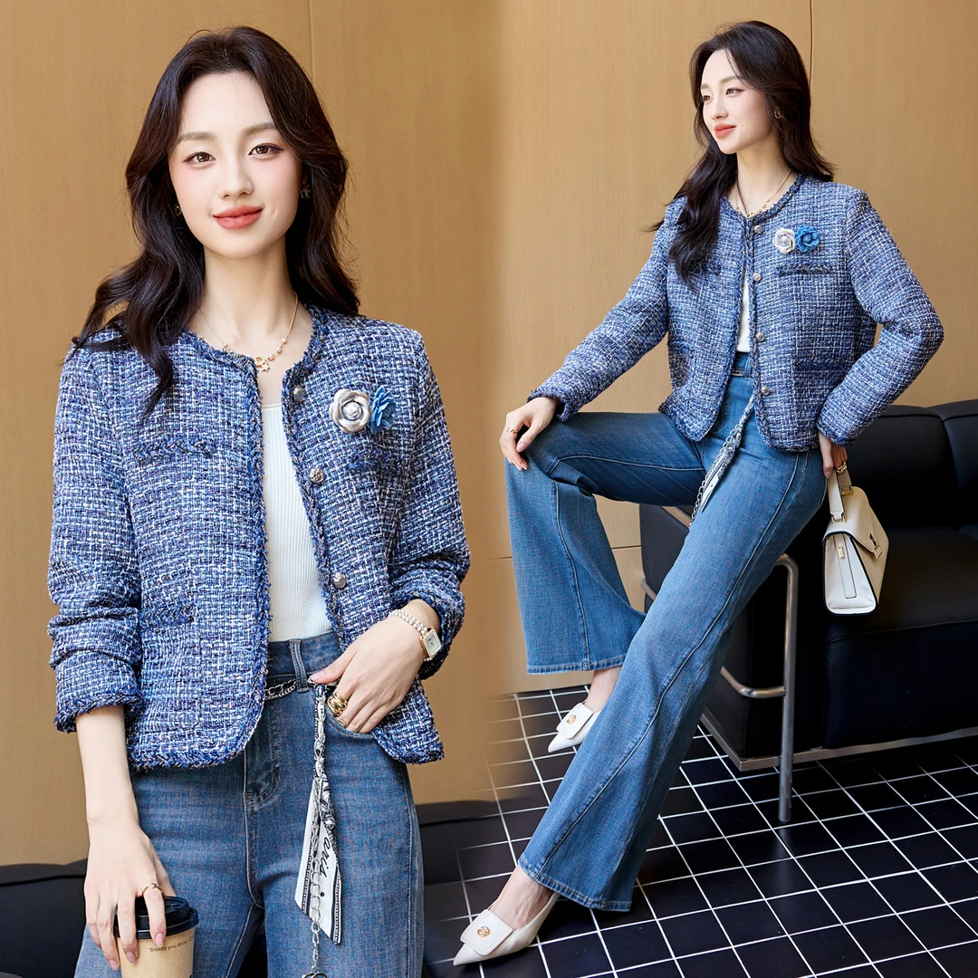 法式小香风时尚气质粗花呢编织短外套女2025春秋新款长袖上衣蓝色
