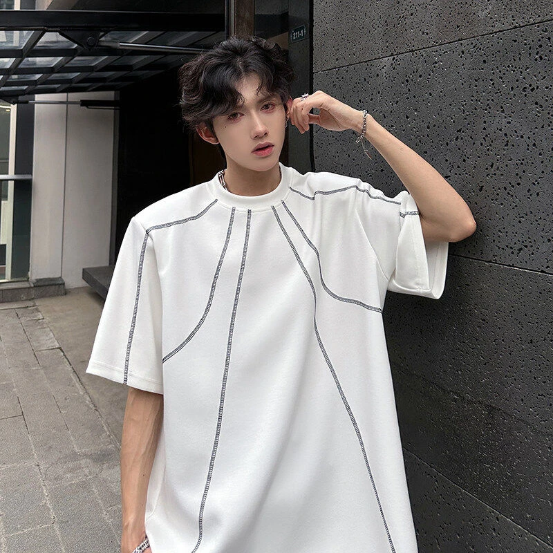 夏季不规则缉明线垫肩T恤男短袖美式高街小领口高级感重磅半袖t潮