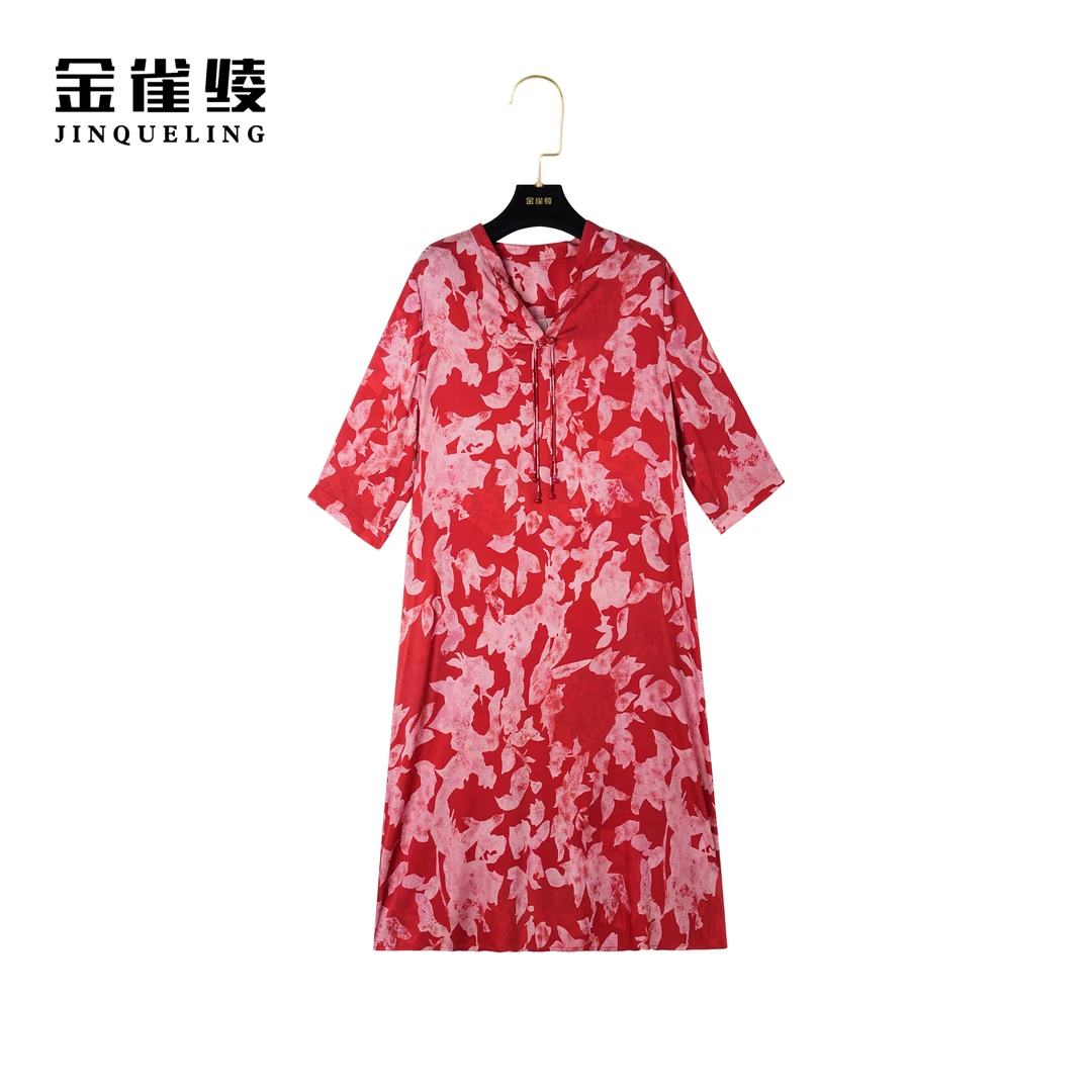 【金雀绫】春夏桑蚕丝法式轻奢气质V领繁花连衣裙B23019