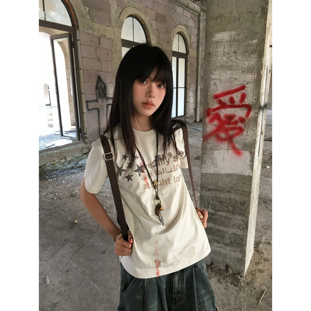 星星字母印花正肩短袖t恤女夏季新款修身显瘦百搭纯棉小个子上衣