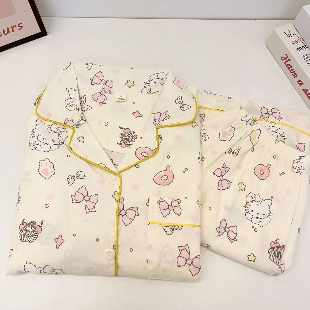 杏色KT猫睡衣女款夏天云朵棉短袖短裤两件套卡通可爱可外穿家居服