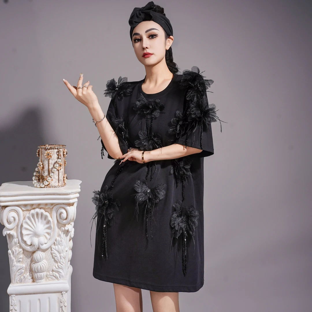 【星姐推荐】星原创高级定制【黑松绿】设计师轻奢名媛重工T恤裙