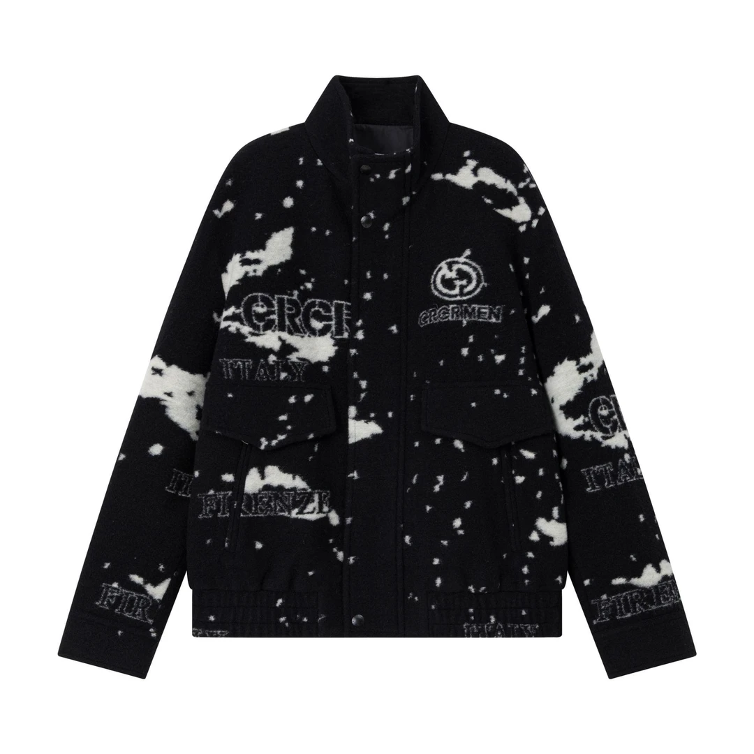 CRCR24秋冬新厚立领男拉链纽扣logo植绒老花黑纯色羊毛尼夹克外套