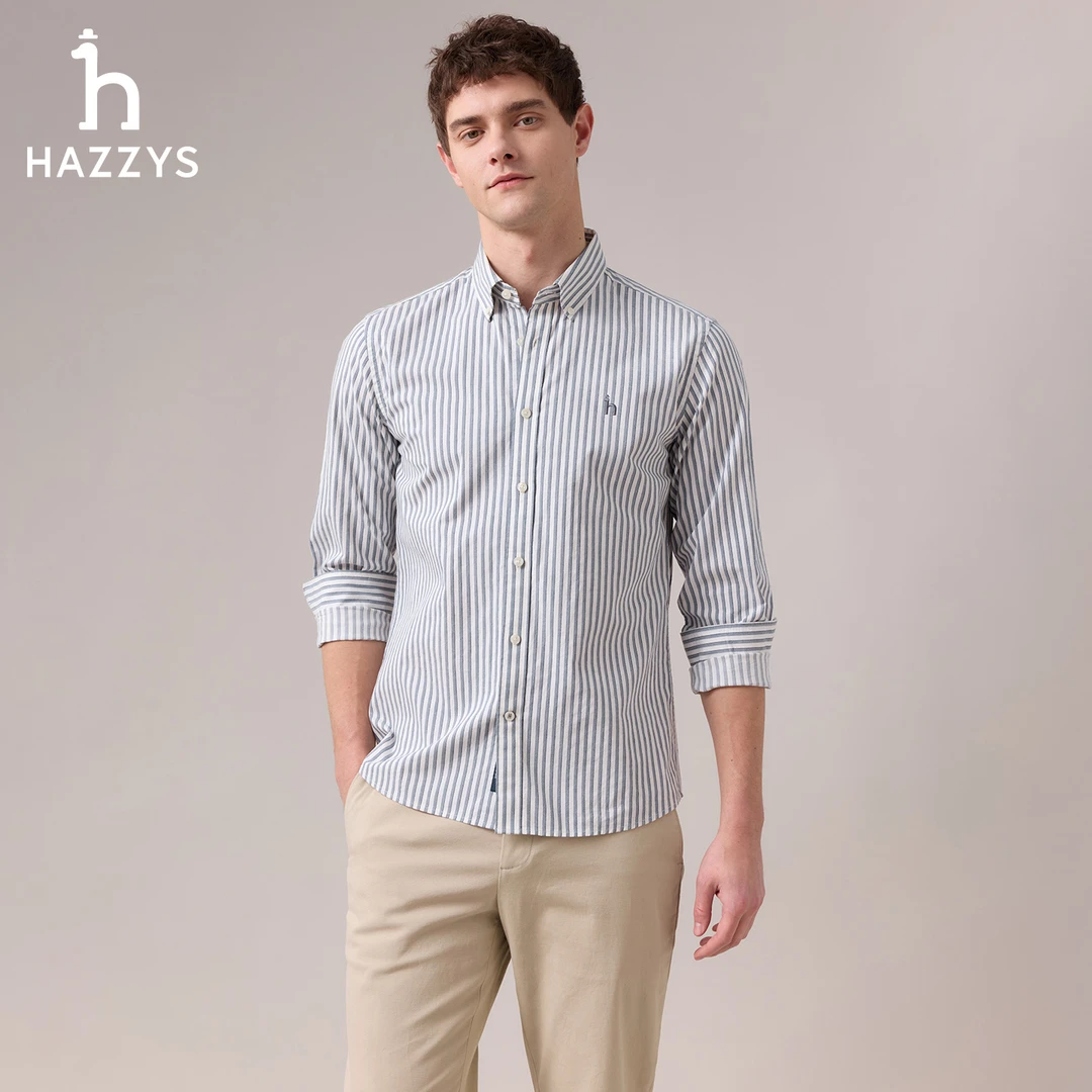 【商场同款】HAZZYS哈吉斯秋季男士休闲条纹衬衫百搭时尚长袖衬衣