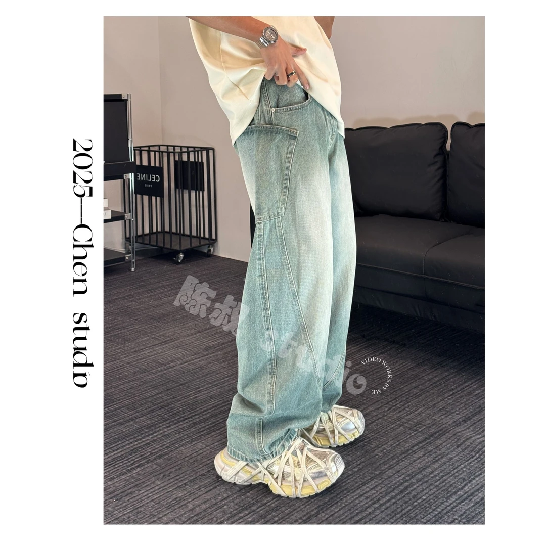 「清仓」春季高街解构多口袋水洗宽松复古弯刀牛仔裤男美式潮牌9656