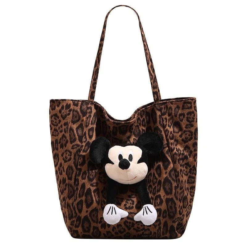 小众超火豹纹丝绒包包女2025新款米奇公仔托特包大容量轻便购物袋