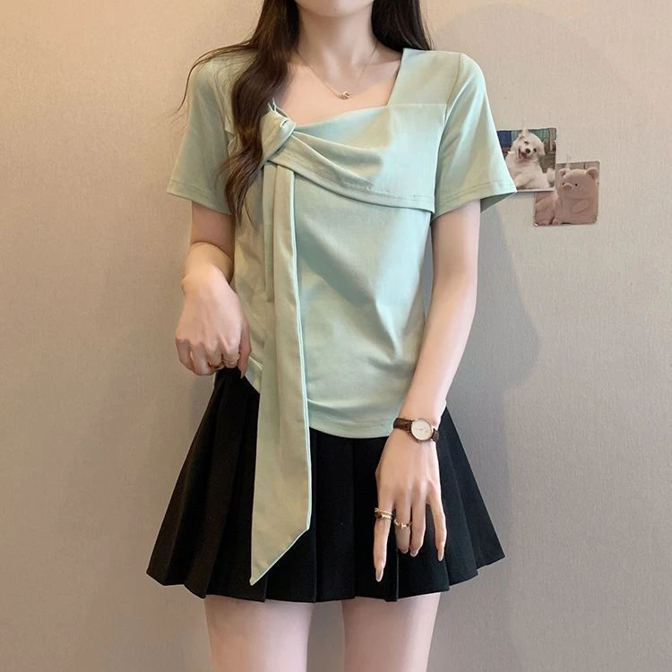 微胖mm大码女装夏季新款别致方领短袖t恤设计小众时尚气质上衣服
