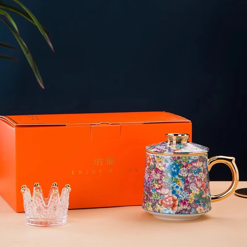 景德镇珐琅彩陶瓷茶杯茶水分离杯子家用中式带盖茶漏大容量喝茶杯