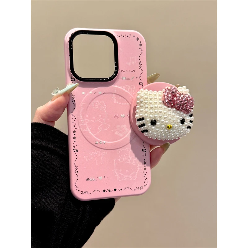 适用苹果iphone16promax珍珠镶钻15pro磁吸支架14ins13猫咪手机壳