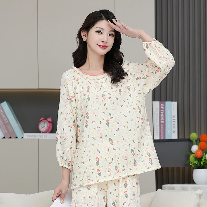 夏季棉纱睡衣女孩妈妈亲子装母女同款家居服空调服套装春秋薄款