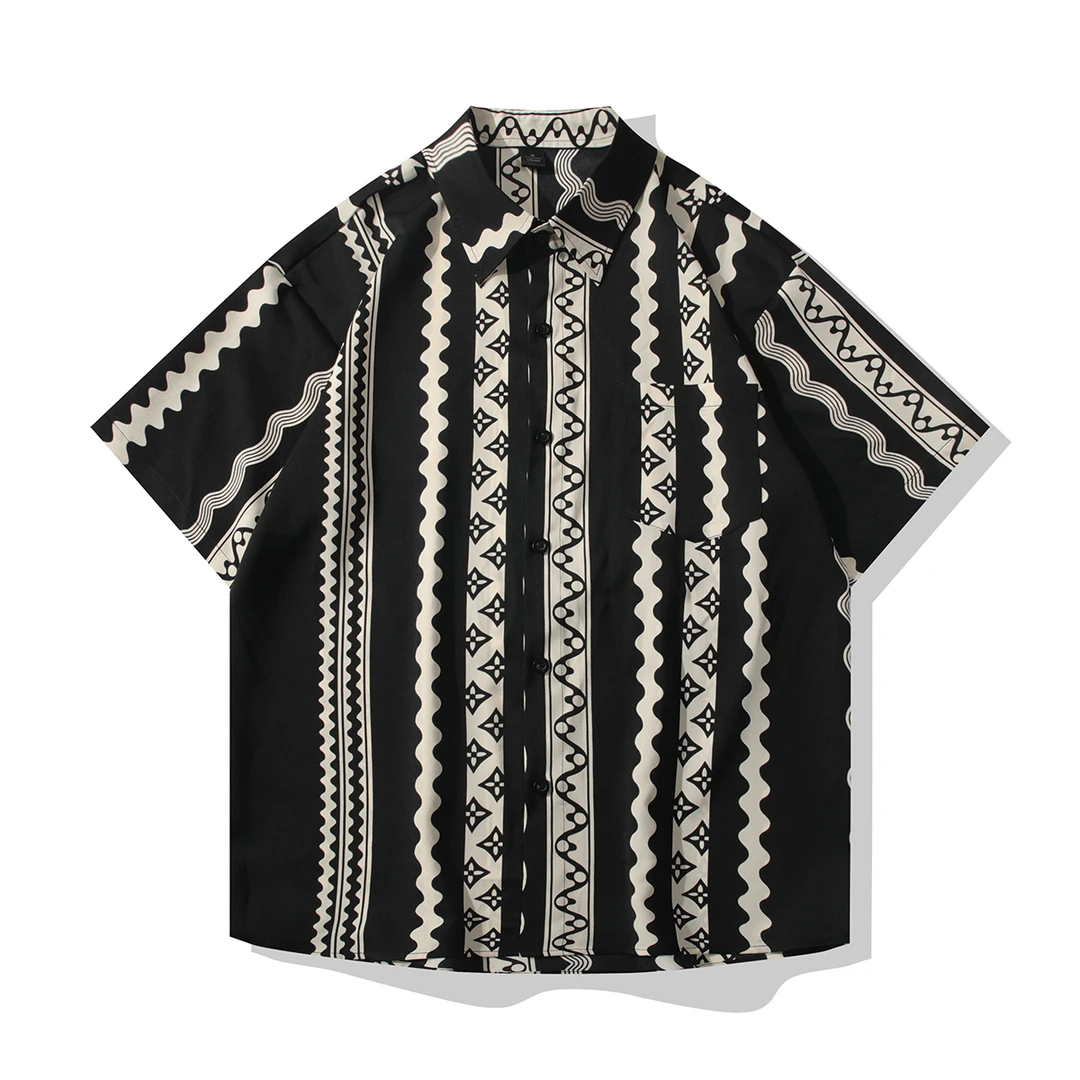 【冰丝】潮流摩登高级感条纹短袖衬衫宽松垂感休闲