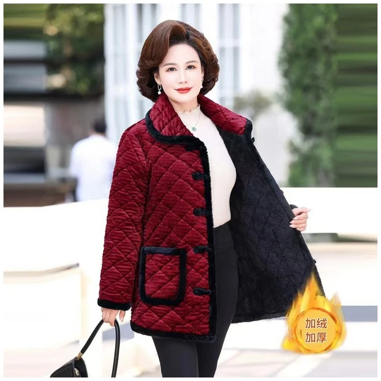 丝绵妈妈冬装加绒加厚棉衣洋气中老年女装棉袄保暖外套中长款百搭
