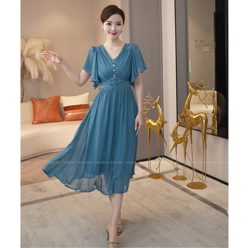 现货2025年夏季新款【H-X386】小众高级感气质风显瘦蓝色连衣裙子女