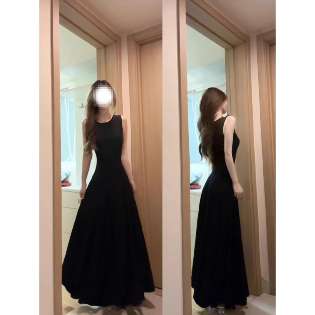 黑色无袖连衣裙女夏天巨好看的赫本风高级感掐腰小黑裙长裙子长款