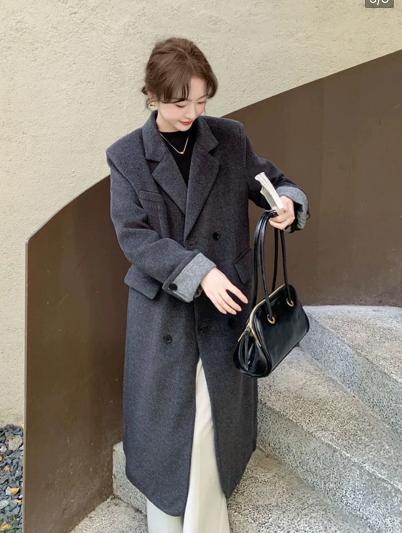 黑色毛呢大衣女冬季气质百搭中长款加厚外套宽松时尚