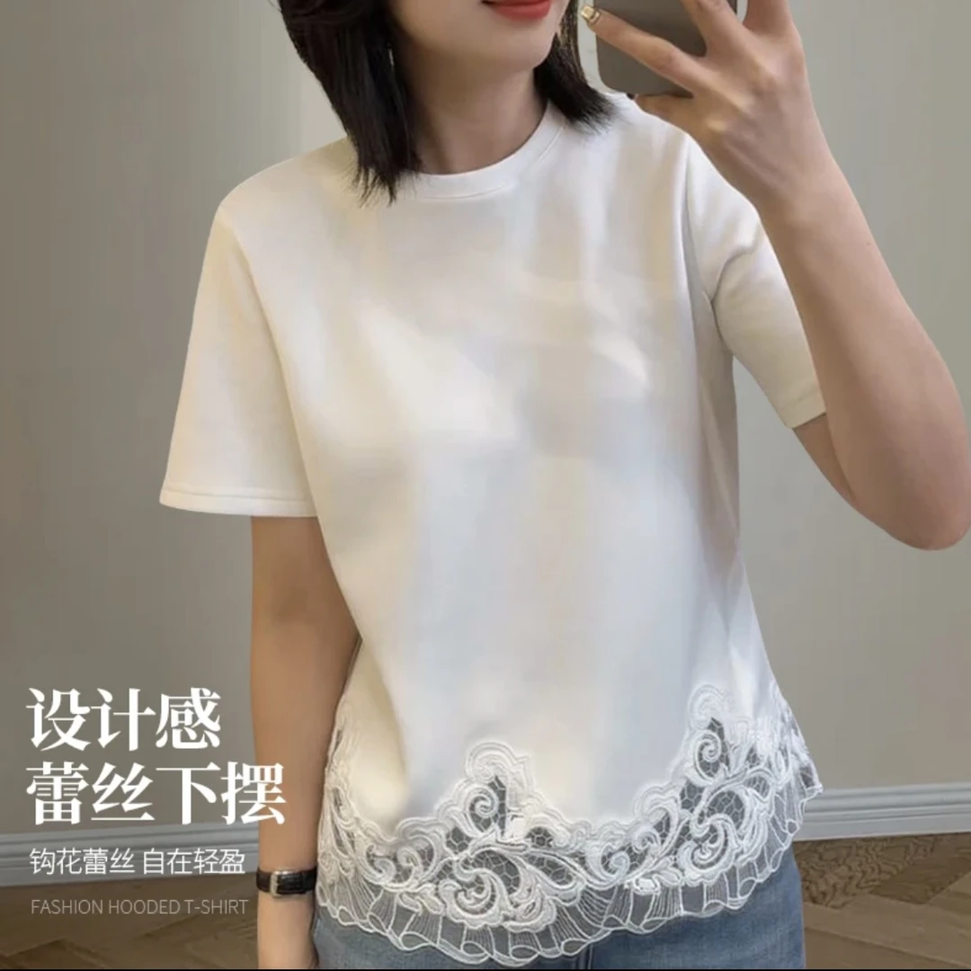 【聆风】高级感女装2025春夏蕾丝拼接下摆高端上衣百搭圆领休闲衫