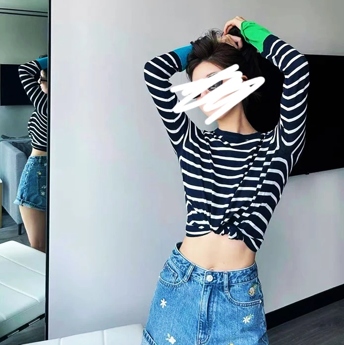 【露丝同款&撞色条纹长袖T】春季新款小众设计感简约别致长袖上衣
