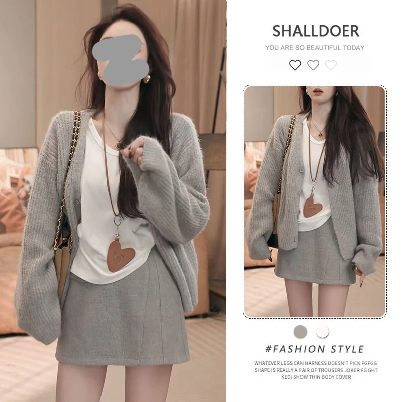 2025秋新款简约气质针织衫显瘦长袖t休闲风氛围感两件套女