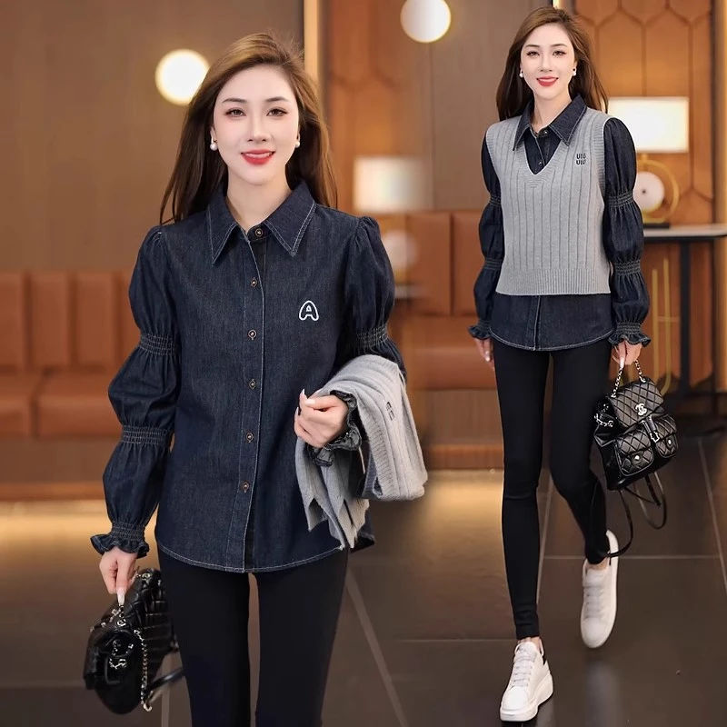 休闲牛仔衬衫女士2025春季新款韩版洋气时尚针织马甲衬衣两件套潮