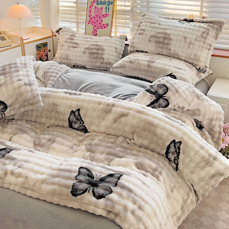 轻奢加厚泡泡牛奶绒保暖四件套冬季印花双面绒被套水晶绒加绒被罩