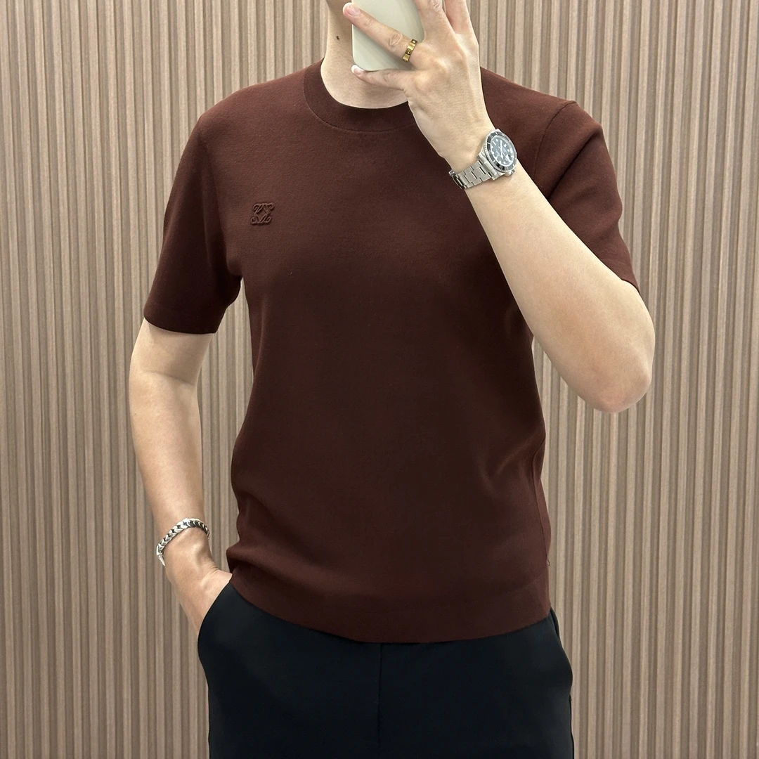 2025秋冬新款针织短袖打底衫男士圆领刺绣时尚百搭纯色商务修身潮