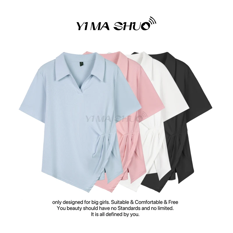 【伊妈说大码女装】新款大码女时尚设计纯色polo领不规则短袖上衣