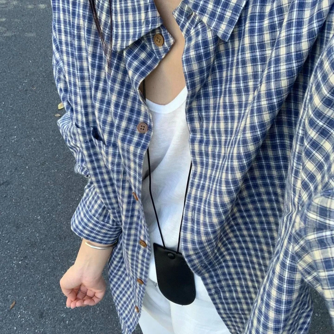 复古宽松慵懒风格子衬衫女早秋薄款韩版休闲简约长袖外搭通勤小衫