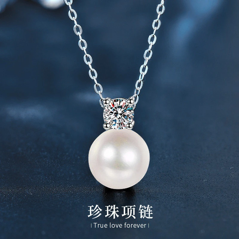 S925纯银珍珠颈链轻奢莫桑项链百搭高级感毛衣链小众锁骨链饰品