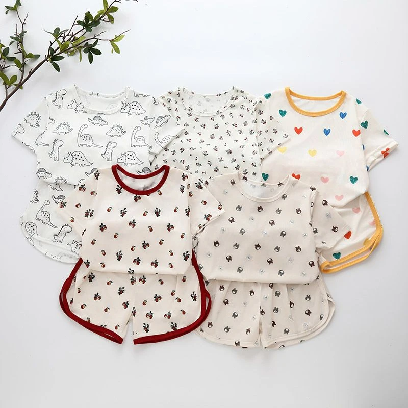 男女儿童睡衣夏季新款冰丝家居服分体短袖短裤卡通印花空调服套装