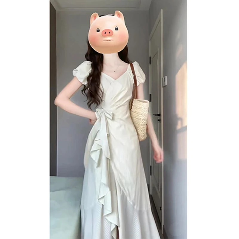 法式爆款盐系泡泡袖V领大码连衣裙女2025夏不规则设计感垂感长裙