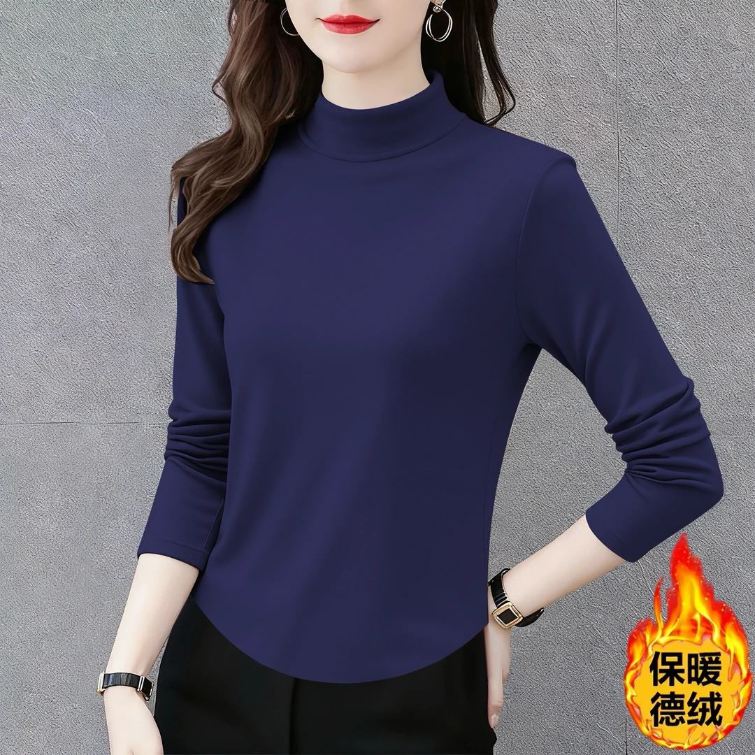 加厚双面德绒半高领打底衫女秋冬季新款百搭修身遮肚长袖保暖上衣