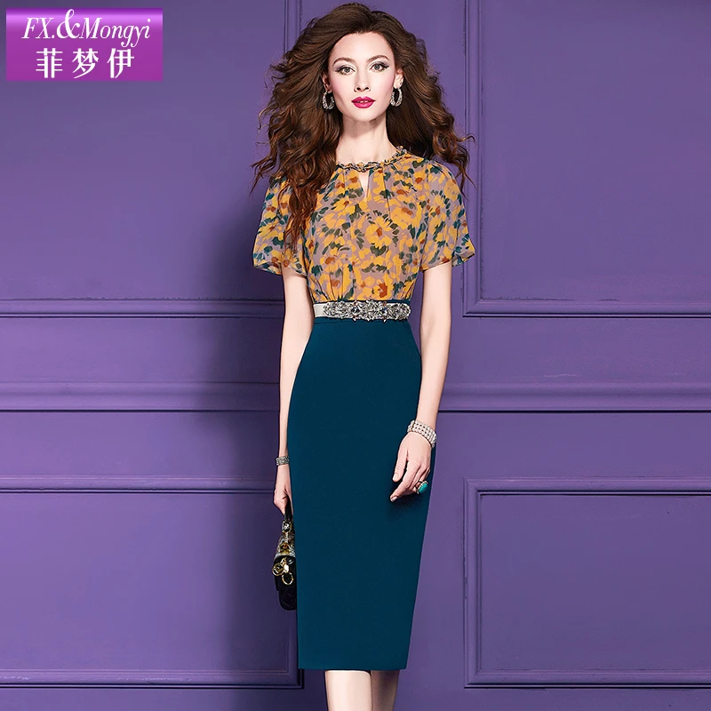 菲梦伊原创印花连衣裙女夏装复古收腰气质端庄职业包臀裙子63970