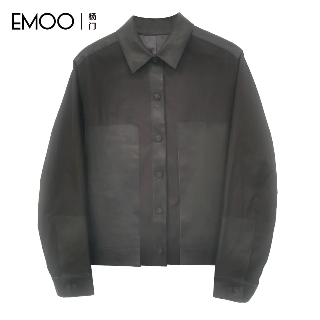 EMOO/杨门深灰蛋白皮皮夹克长袖短款时尚设计师