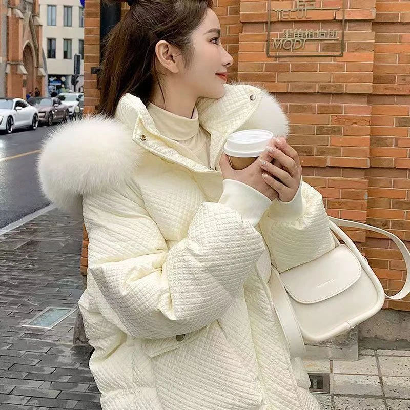 冬季时尚洋气韩版羽绒服美拉德显瘦大毛领宽松女装衣服白色粉色款