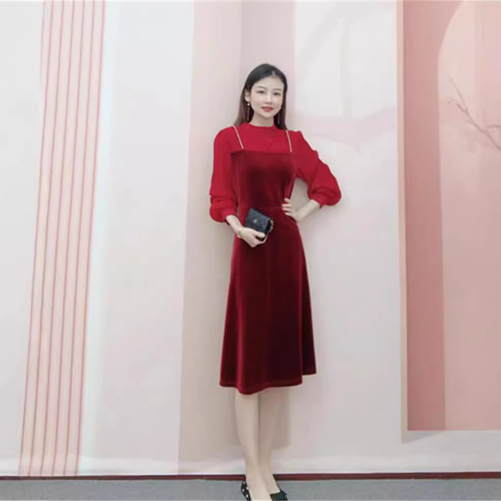 250/D2清春秋汉派女时尚纯色丝绒长袖中长连衣裙