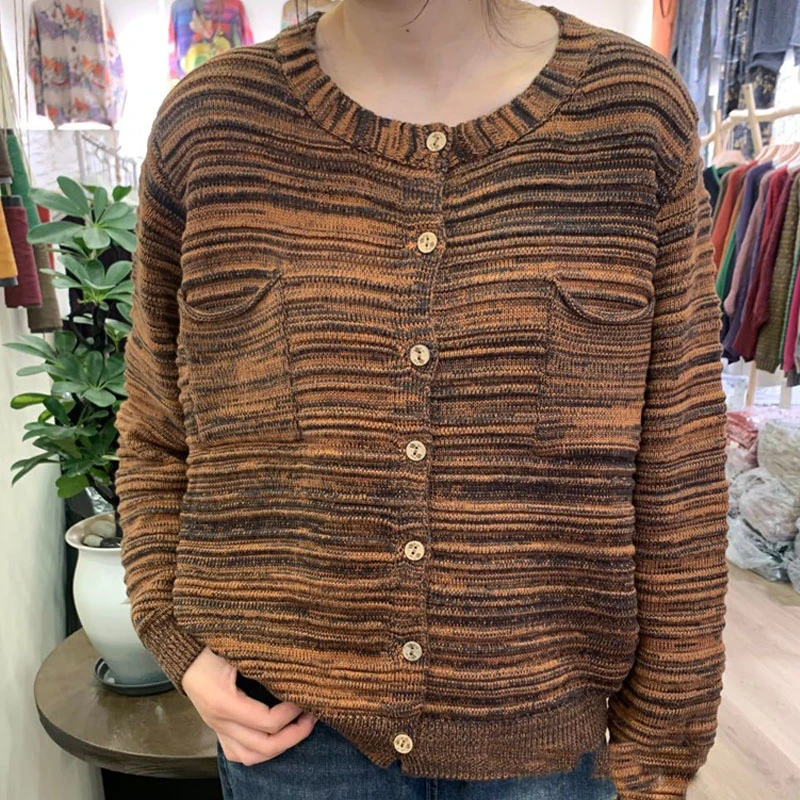 爆款早春新款加厚超柔软棉针织时尚圆领开衫夹花针织衫休闲百搭